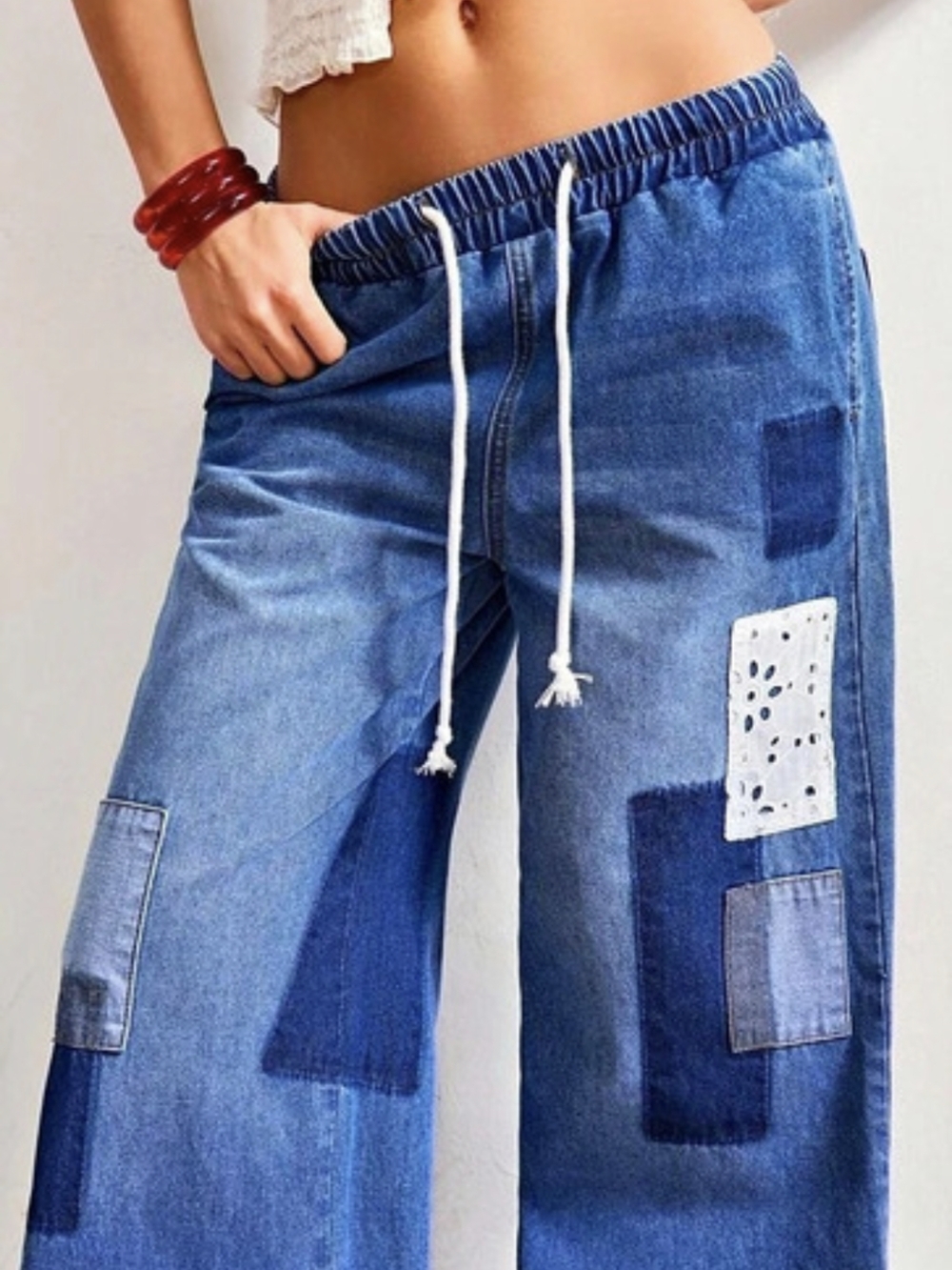 SHEIN Contrast Patch Detail Drawstring Waist Wide Leg Jeans Wide Leg Jeans Blue